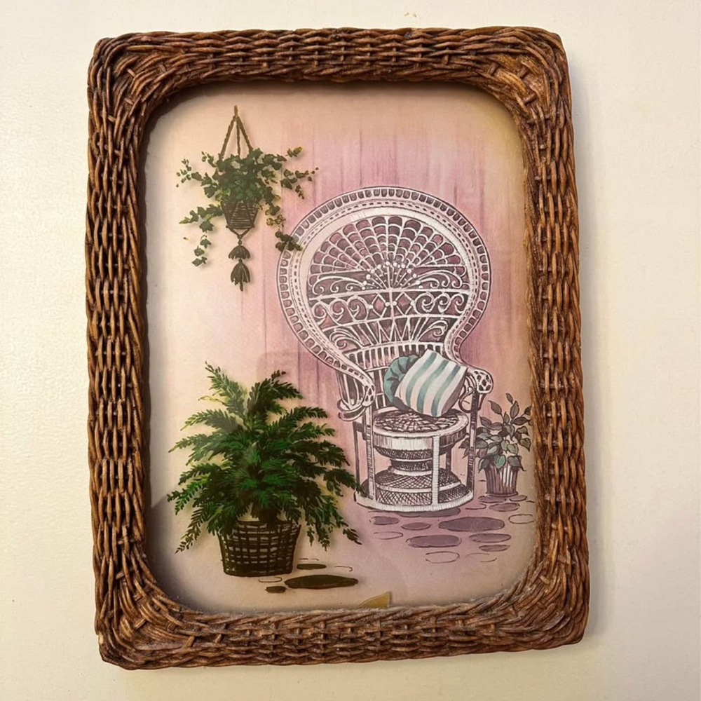 Unique 70s Peacock Chair & Plants Wall Art in Wicker Frame